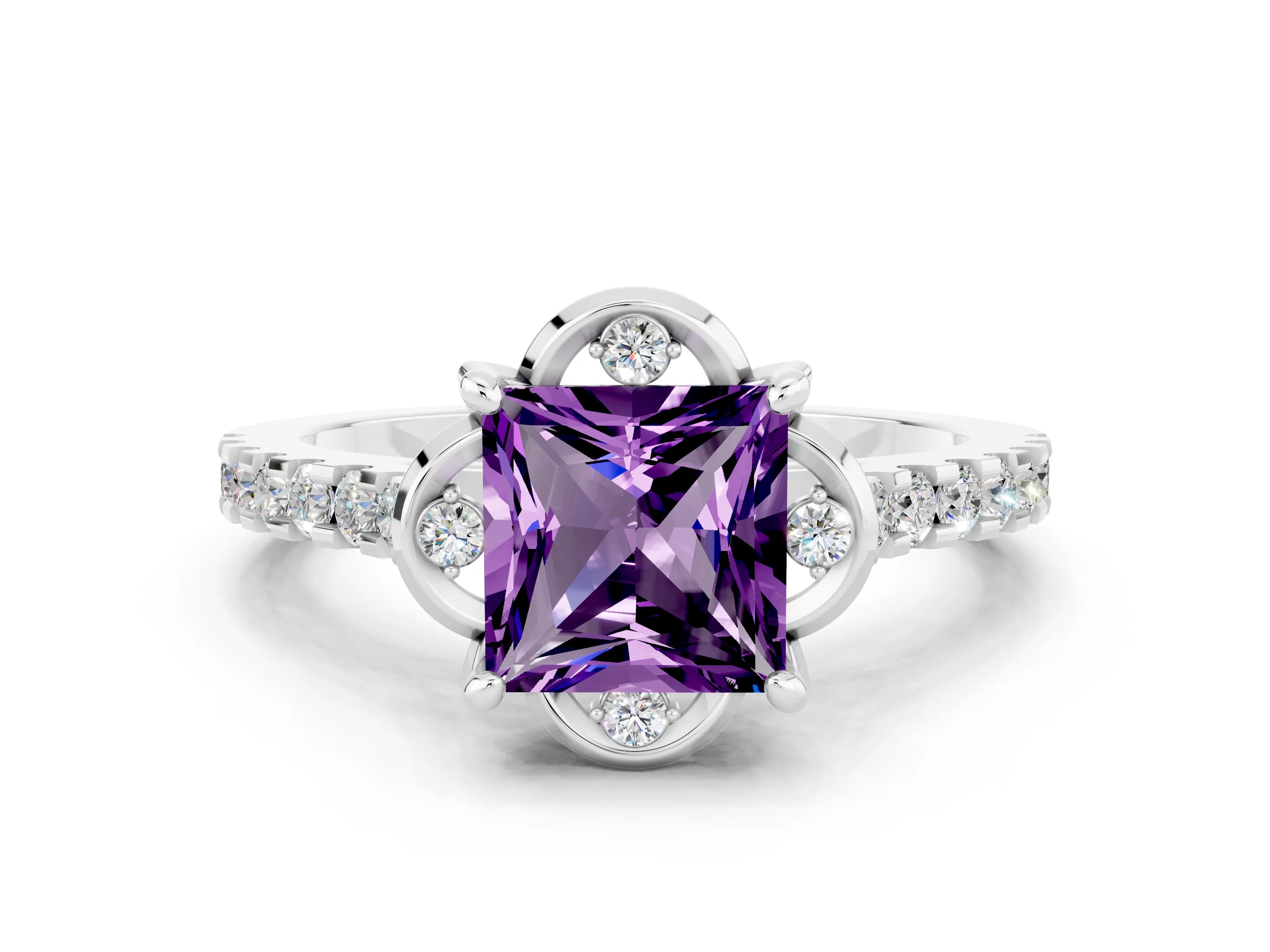 White gold Princess Cut Amethyst Ring with Pavé Band and Floral Prong Setting