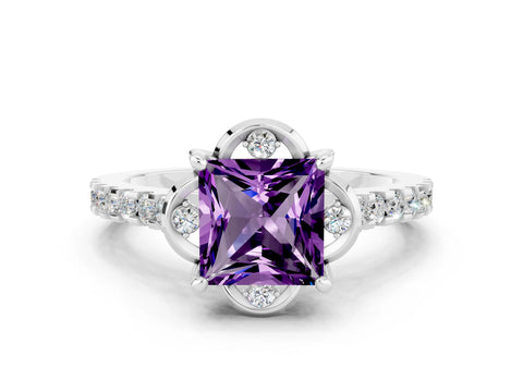 White gold Princess Cut Amethyst Ring with Pavé Band and Floral Prong Setting