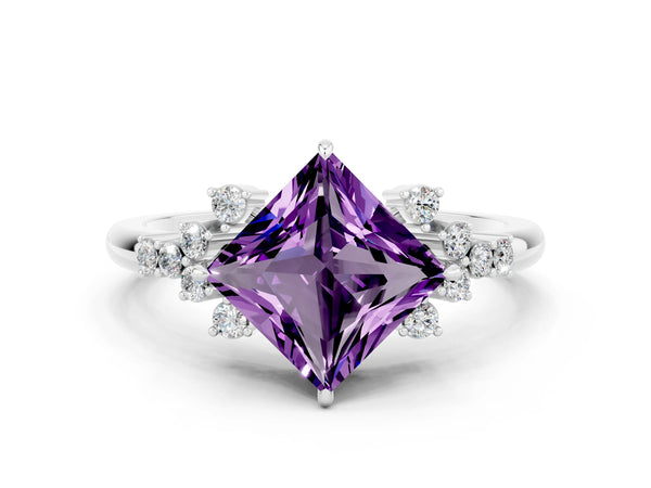 White gold Princess Cut Amethyst Ring with Side Stones and Four-Prong Setting