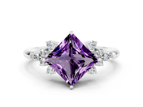 White gold Princess Cut Amethyst Ring with Side Stones and Four-Prong Setting_36