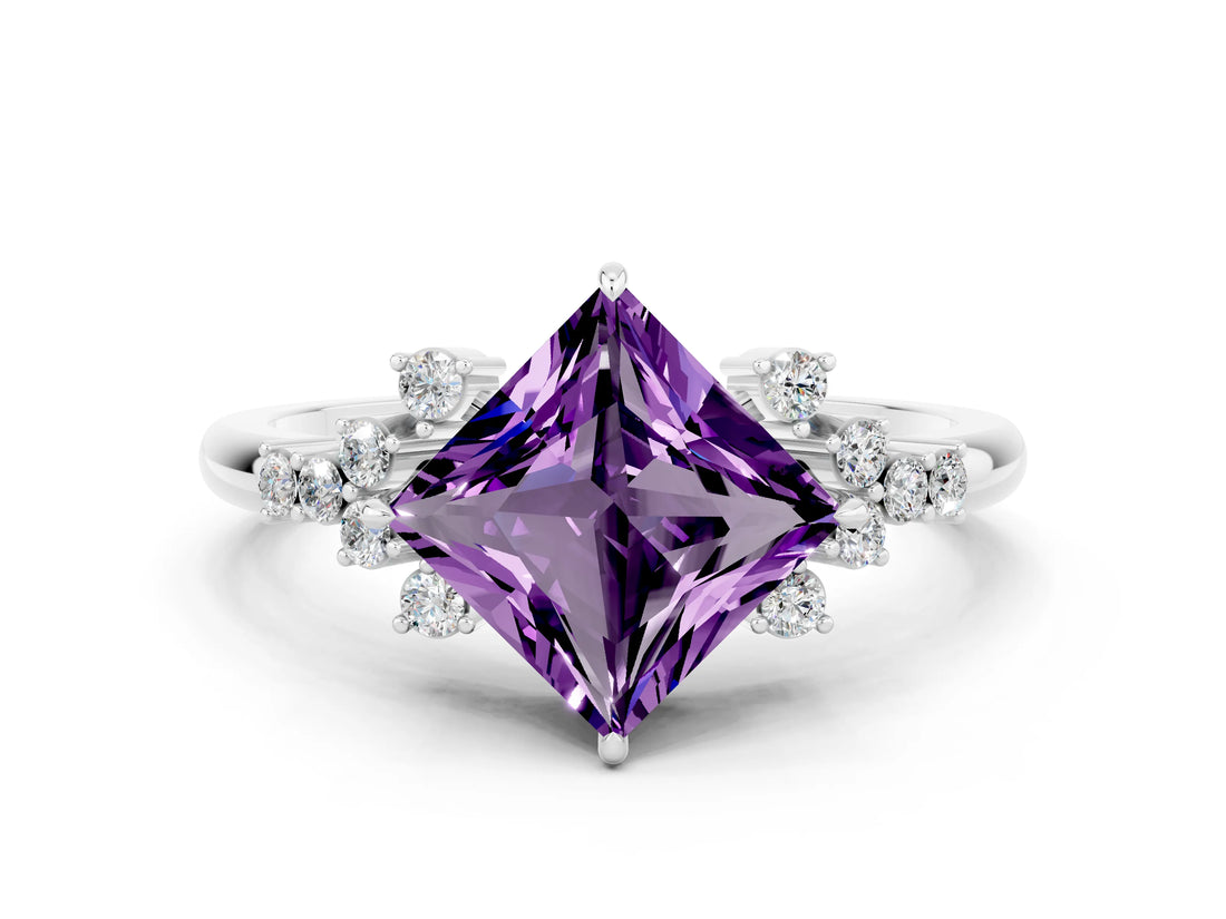 White gold Princess Cut Amethyst Ring with Side Stones and Four-Prong Setting_36