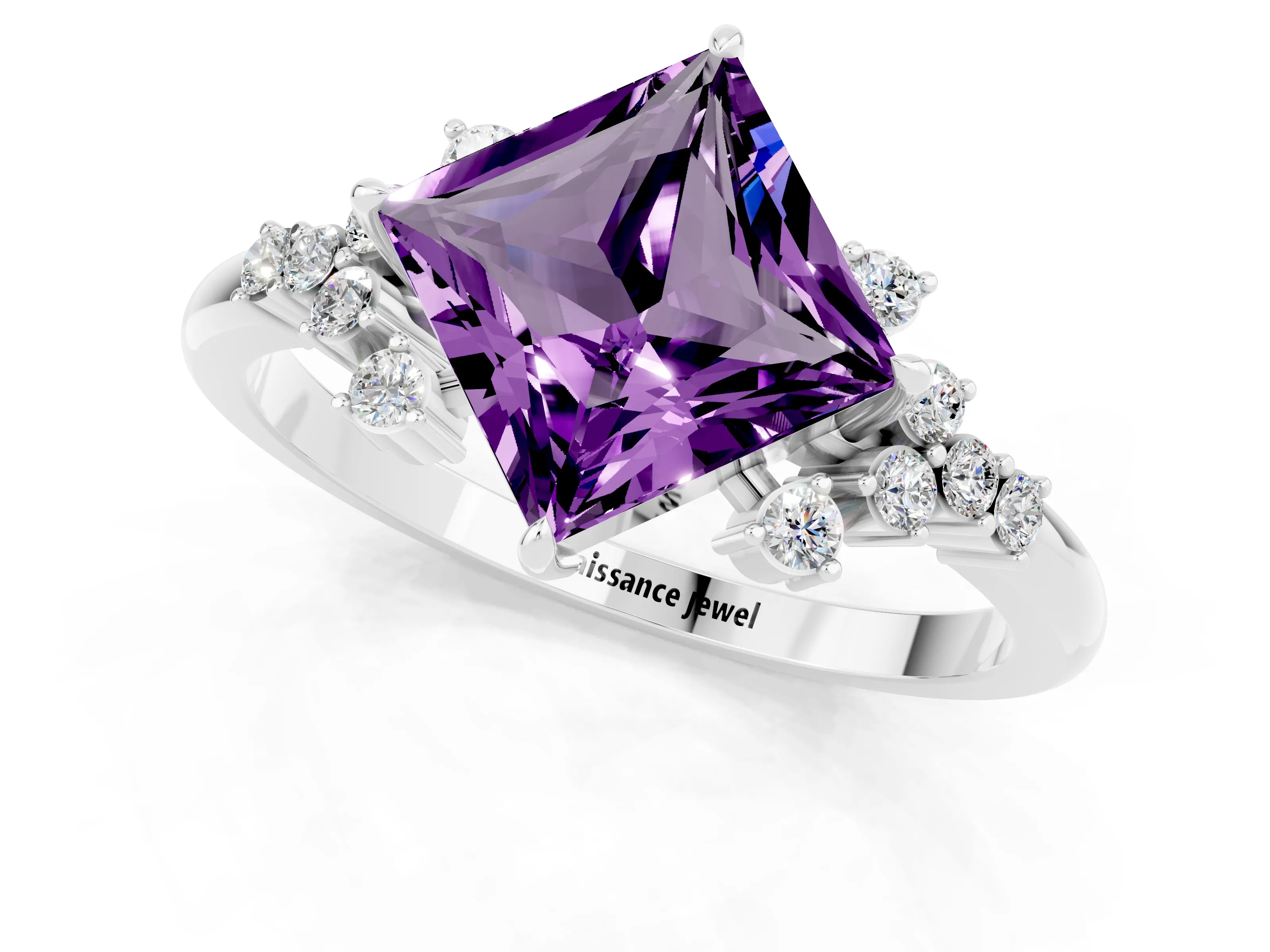 White gold Princess Cut Amethyst Ring with Side Stones and Four-Prong Setting_37