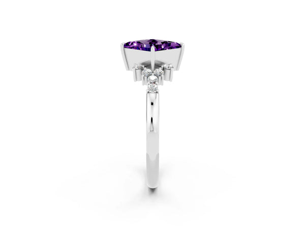 Platinum Princess Cut Amethyst Ring with Side Stones and Four-Prong Setting
