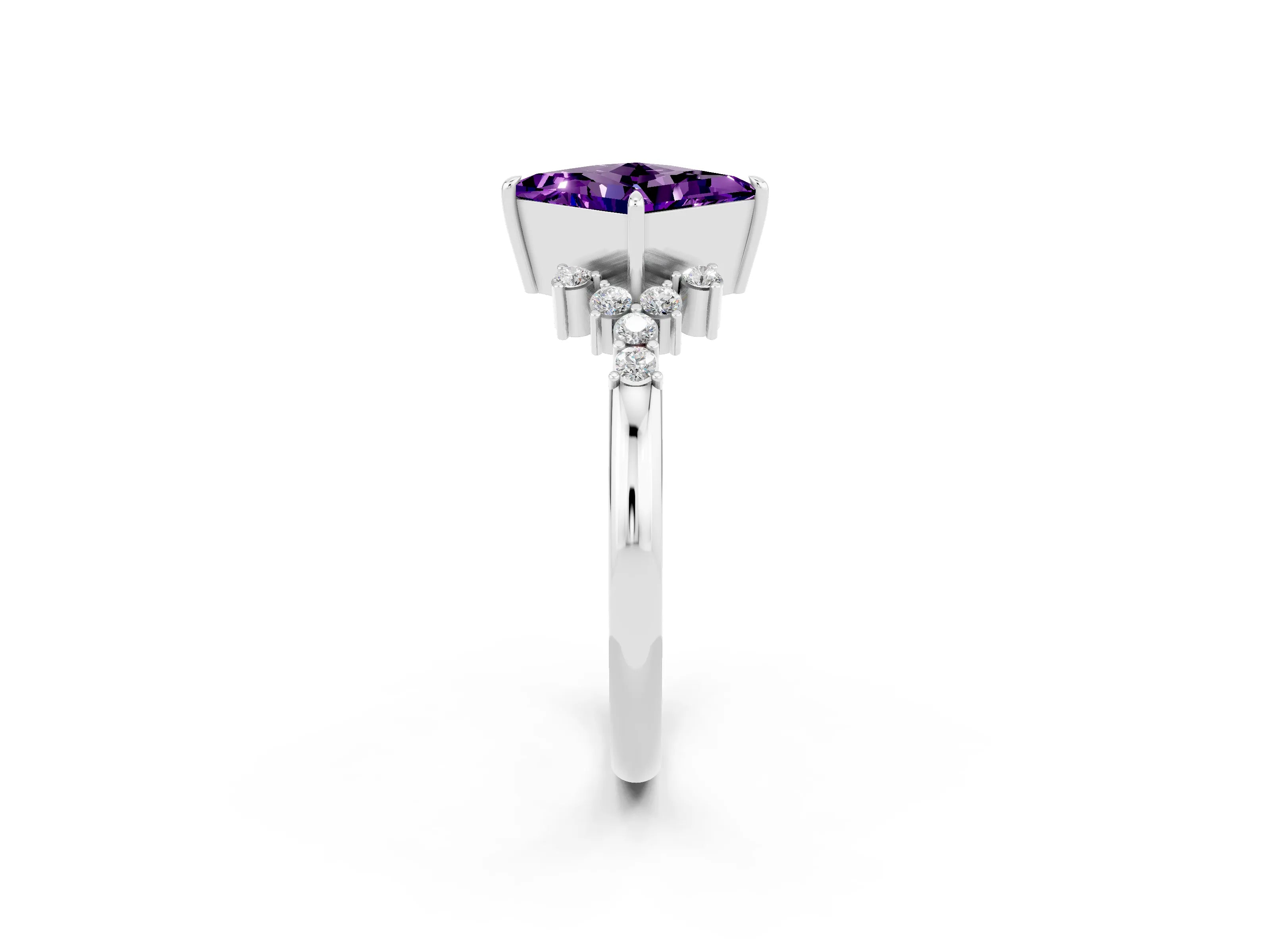 White gold Princess Cut Amethyst Ring with Side Stones and Four-Prong Setting_38
