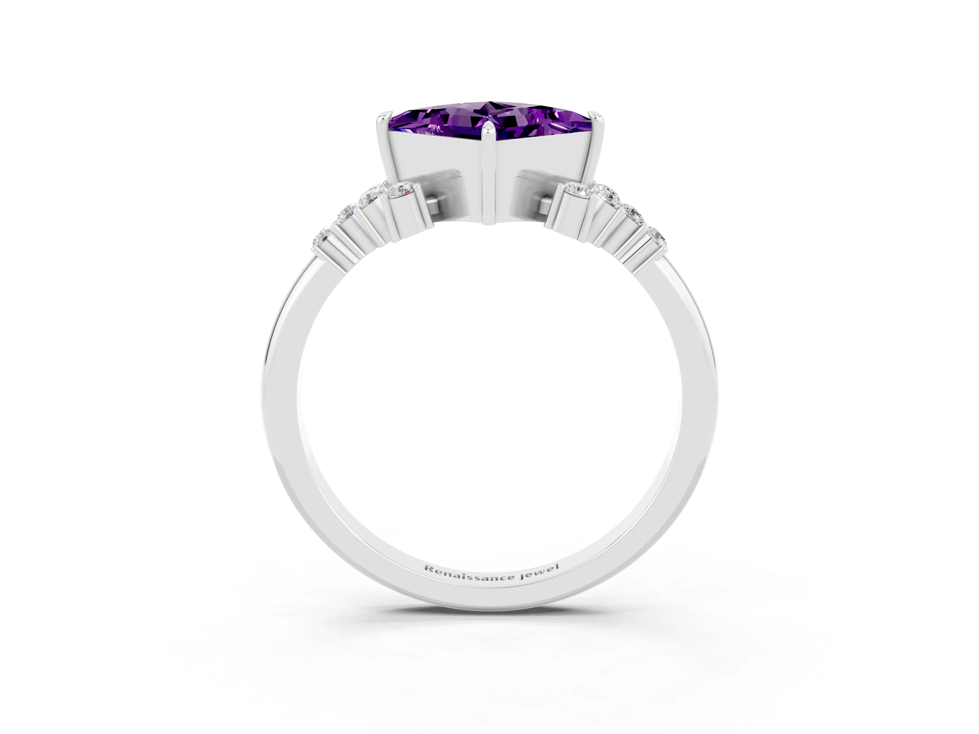 White gold Princess Cut Amethyst Ring with Side Stones and Four-Prong Setting_39