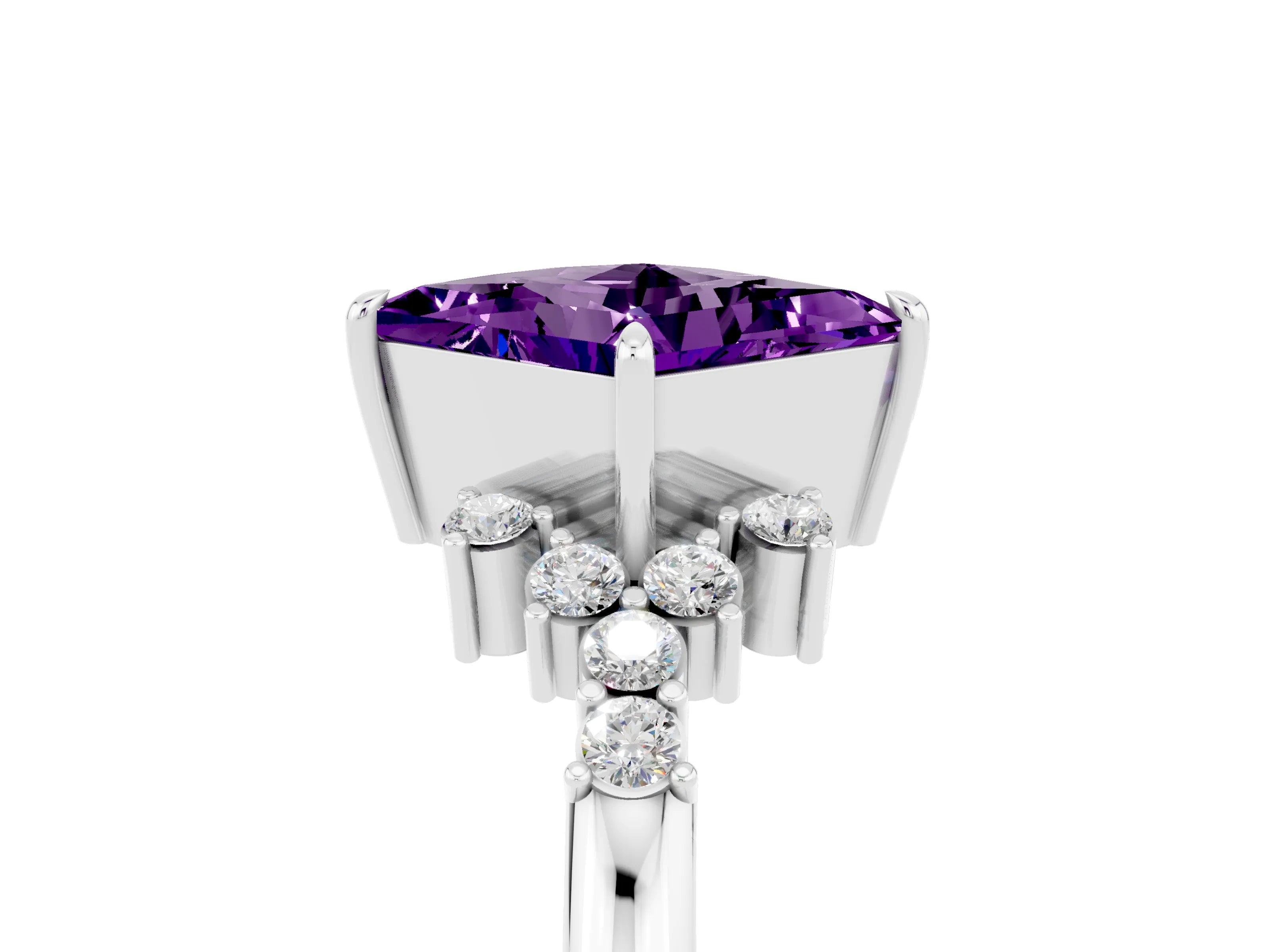 White gold Princess Cut Amethyst Ring with Side Stones and Four-Prong Setting_41