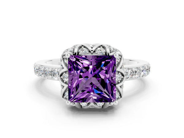 Platinum Princess Cut Amethyst Scalloped Halo Engagement Ring with Round Shared Prong Band