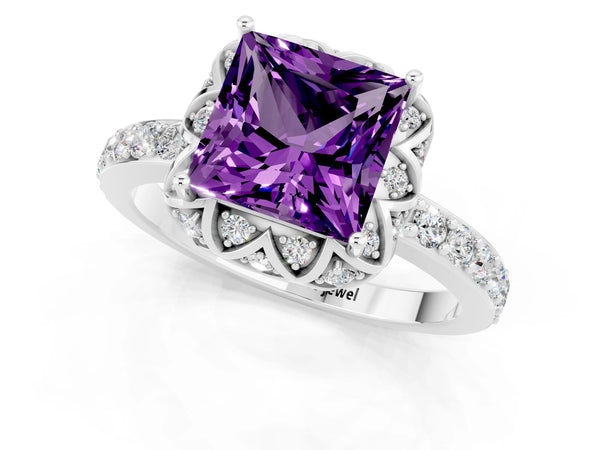 Platinum Princess Cut Amethyst Scalloped Halo Engagement Ring with Round Shared Prong Band