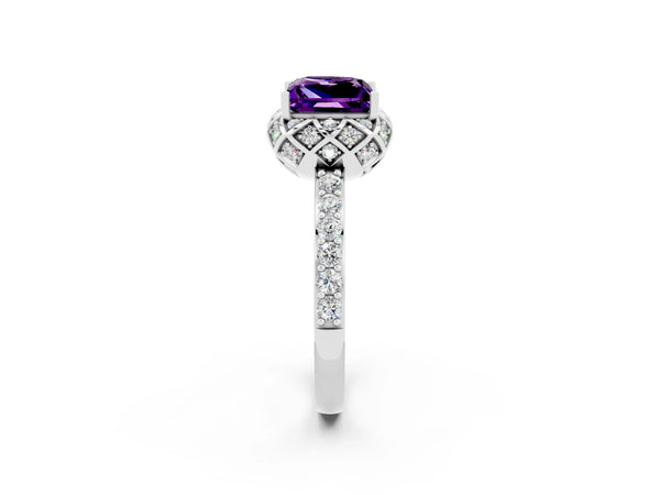 Platinum Princess Cut Amethyst Scalloped Halo Engagement Ring with Round Shared Prong Band