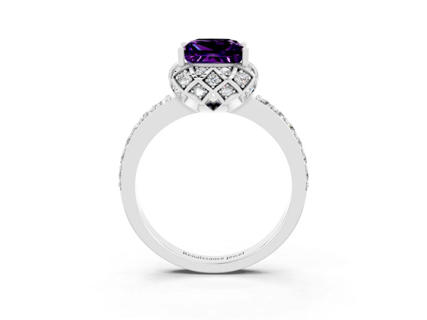 Silver Princess Cut Amethyst Scalloped Halo Engagement Ring with Round Shared Prong Band