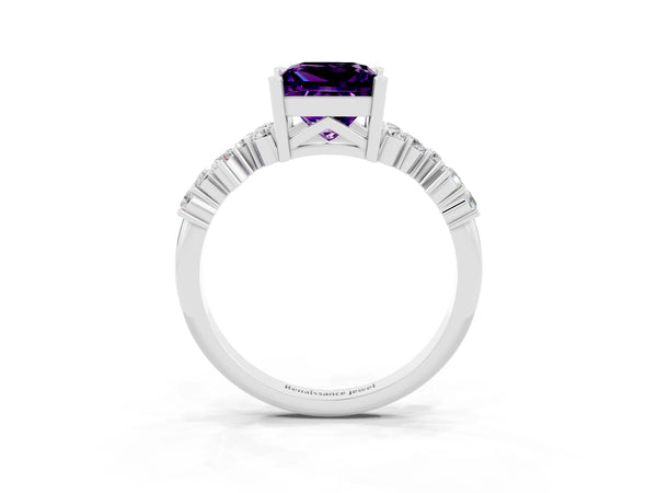 White Gold Princess Cut Amethyst Scattered Accent Engagement Ring with Open X Gallery