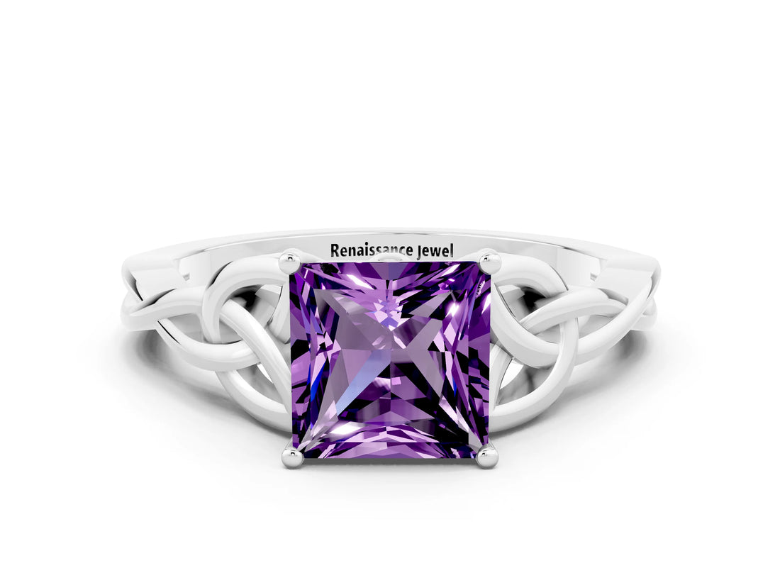 White gold Princess Cut Amethyst Solitaire Celtic Knot Ring with Four-Prong Setting_12
