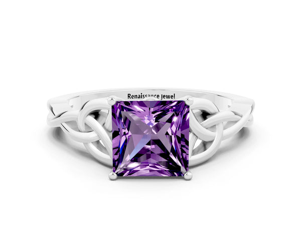 Silver Princess Cut Amethyst Solitaire Celtic Knot Ring with Four-Prong Setting