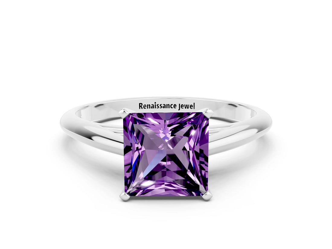 White gold Princess Cut Amethyst Solitaire Engagement Ring with Cathedral Setting and Four-Prong Mount_132
