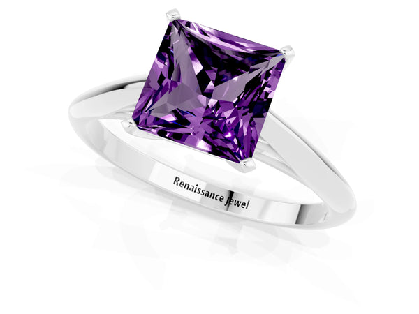 White gold Princess Cut Amethyst Solitaire Engagement Ring with Cathedral Setting and Four-Prong Mount