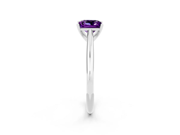 White gold Princess Cut Amethyst Solitaire Engagement Ring with Cathedral Setting and Four-Prong Mount