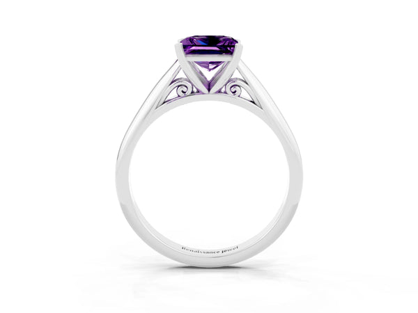 White gold Princess Cut Amethyst Solitaire Engagement Ring with Cathedral Setting and Four-Prong Mount
