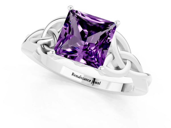 White gold Princess Cut Amethyst Solitaire Engagement Ring with Celtic Knot Band and Four-Prong Setting