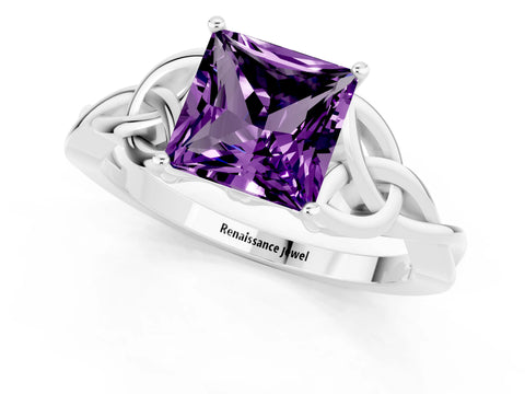 White gold Princess Cut Amethyst Solitaire Engagement Ring with Celtic Knot Band and Four-Prong Setting_1