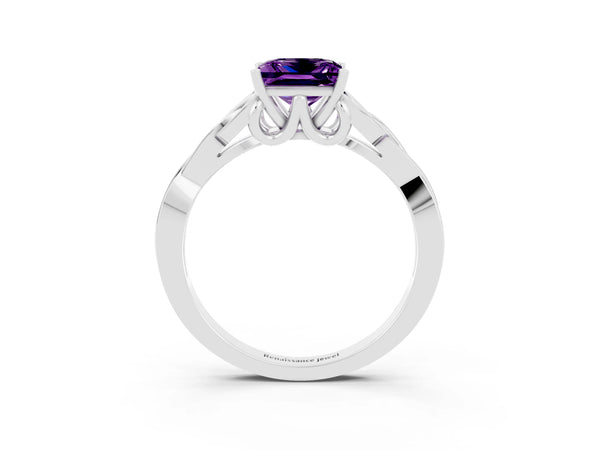 Platinum Princess Cut Amethyst Solitaire Engagement Ring with Celtic Knot Band and Four-Prong Setting