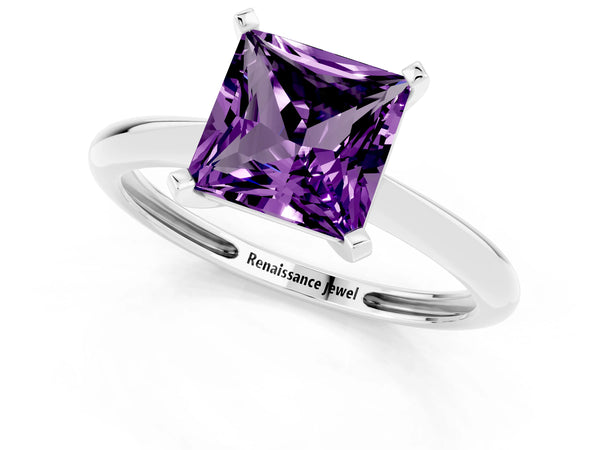 White Gold Princess Cut Amethyst Solitaire Engagement Ring with Thin Plain Band and Basket Head