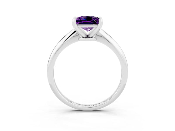 White Gold Princess Cut Amethyst Solitaire Engagement Ring with Thin Plain Band and Basket Head