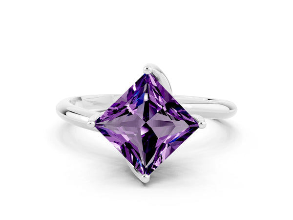 Silver Princess Cut Amethyst Solitaire Engagement Ring with Four-Prong Setting and Classic Band