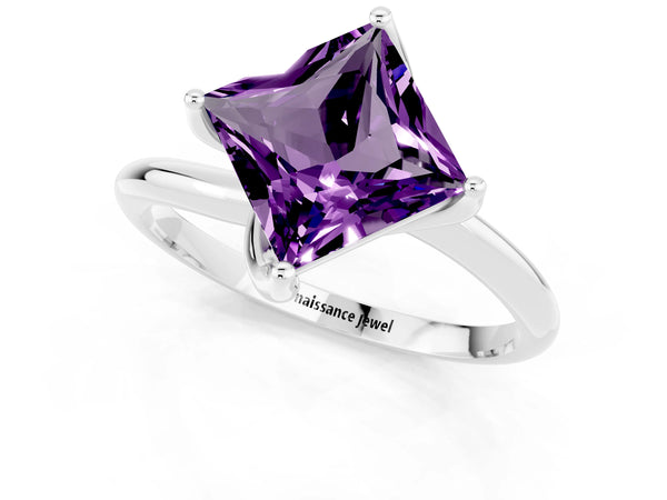 Platinum Princess Cut Amethyst Solitaire Engagement Ring with Four-Prong Setting and Classic Band