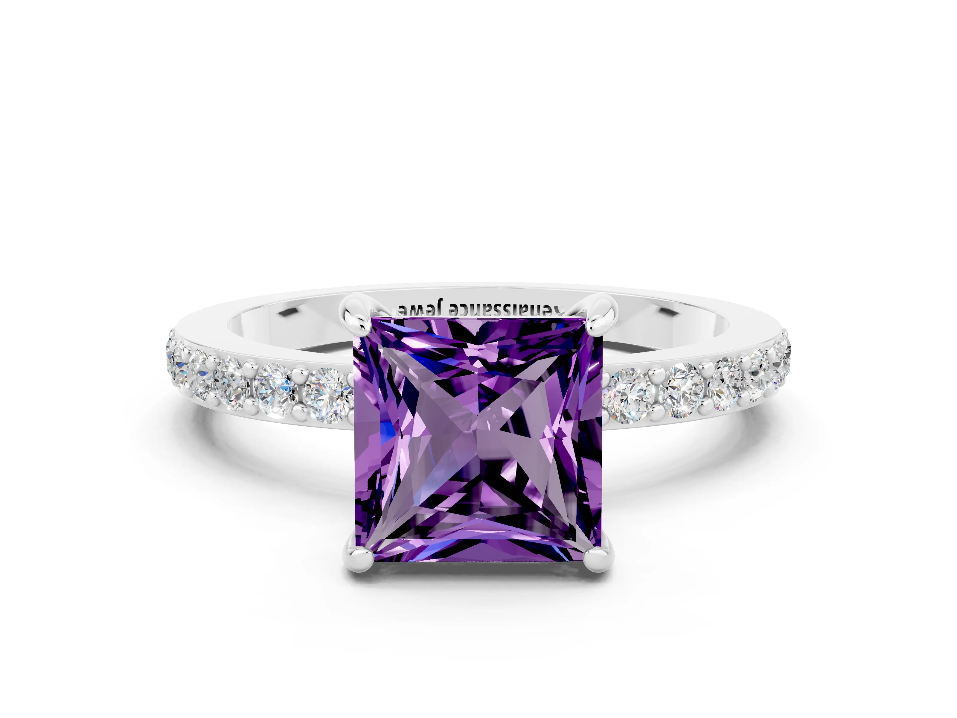 White gold Princess Cut Amethyst Solitaire Engagement Ring with Pavé Band and Four-Prong Setting