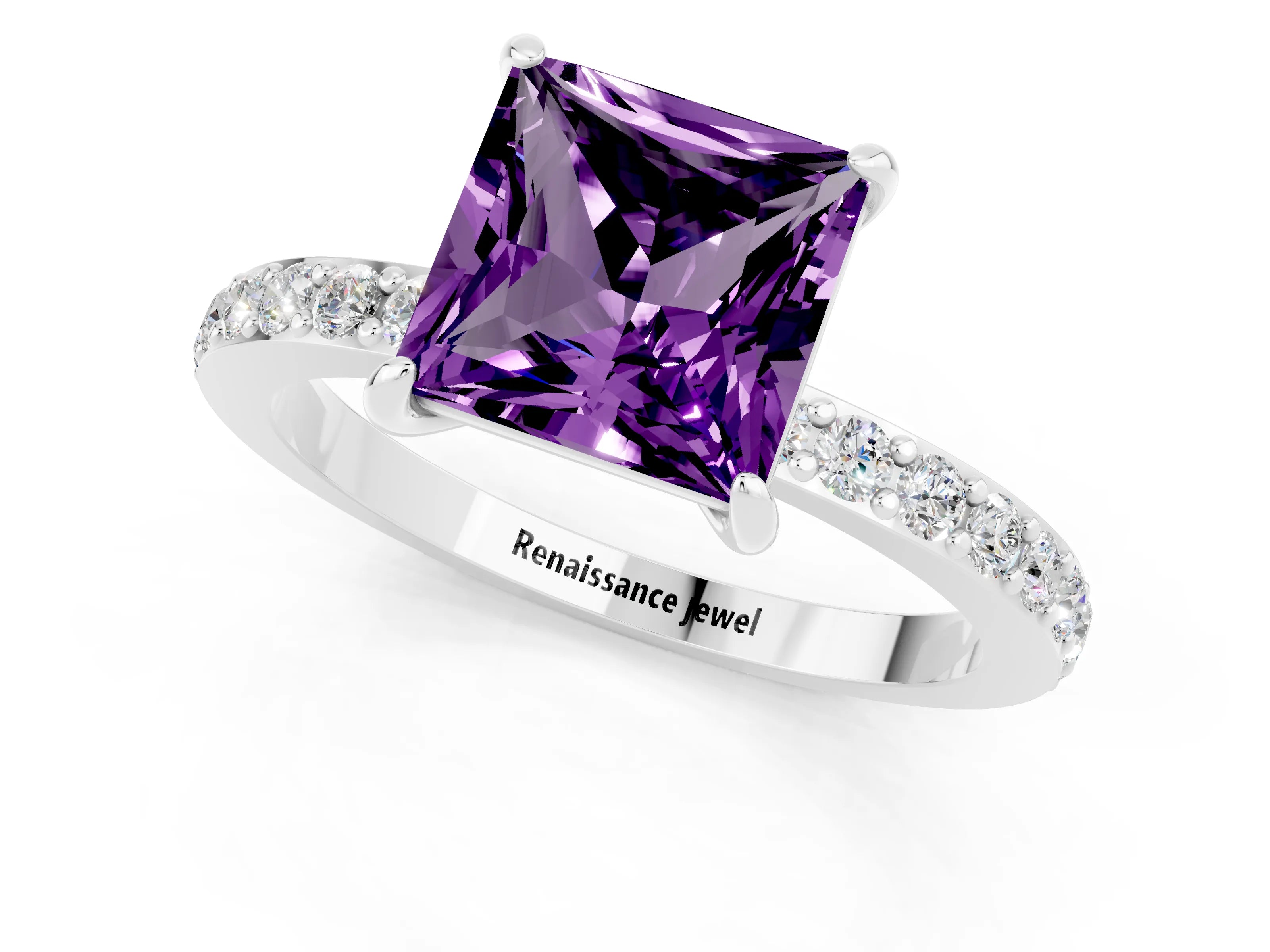 White gold Princess Cut Amethyst Solitaire Engagement Ring with Pavé Band and Four-Prong Setting_1