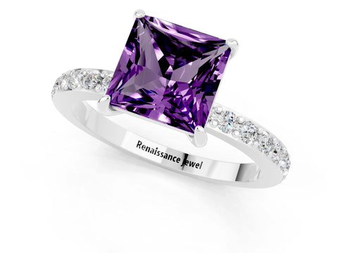 White gold Princess Cut Amethyst Solitaire Engagement Ring with Pavé Band and Four-Prong Setting_1