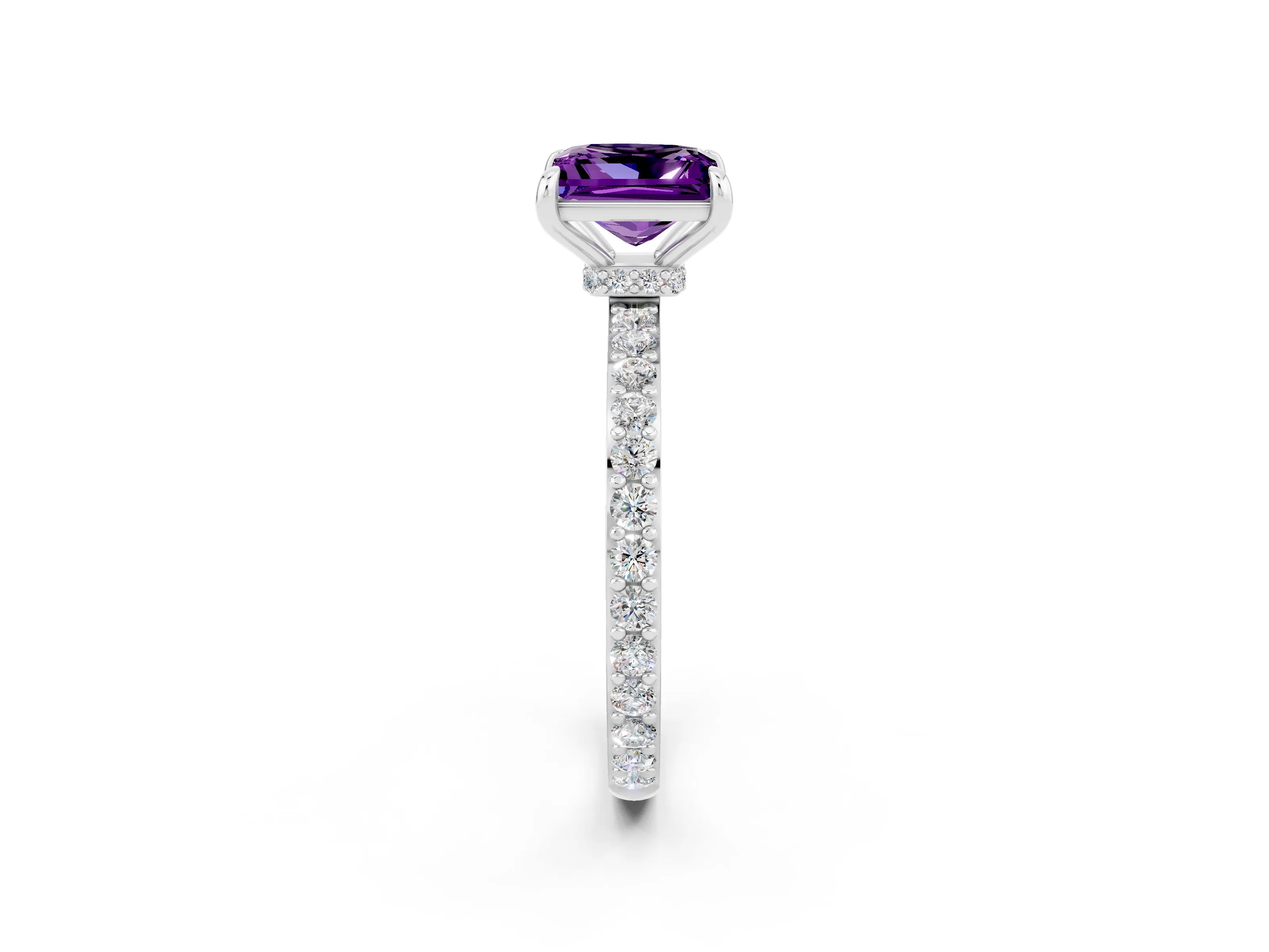 White gold Princess Cut Amethyst Solitaire Engagement Ring with Pavé Band and Four-Prong Setting_2