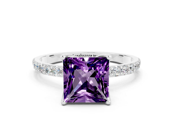 Platinum Princess Cut Amethyst Solitaire Engagement Ring with Round  Pavé Band and Prong Setting
