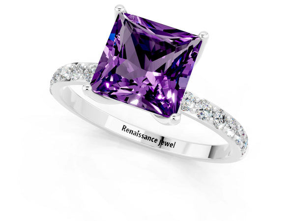 Platinum Princess Cut Amethyst Solitaire Engagement Ring with Round  Pavé Band and Prong Setting