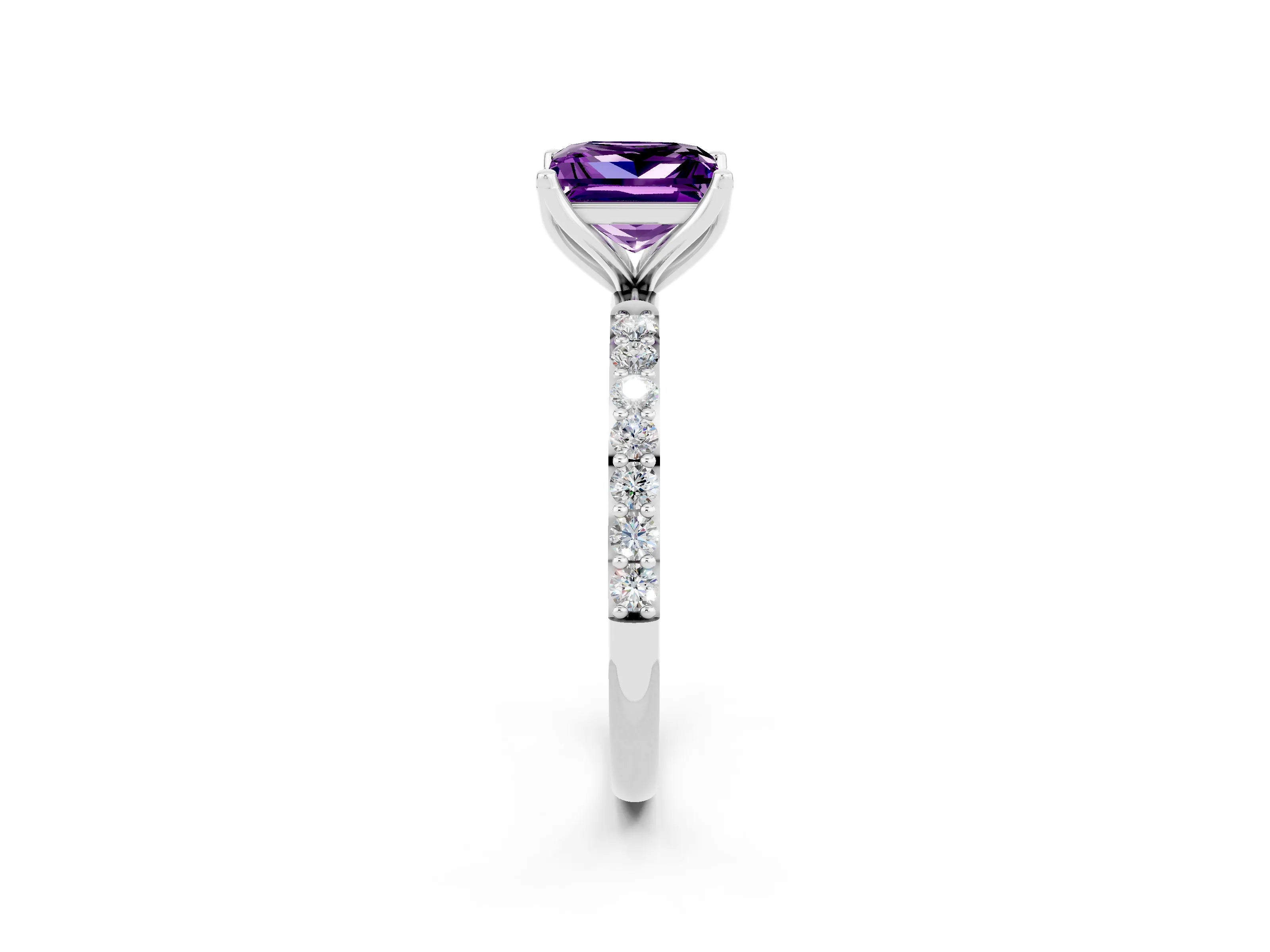 White gold Princess Cut Amethyst Solitaire Engagement Ring with Pavé Band and Prong Setting_2