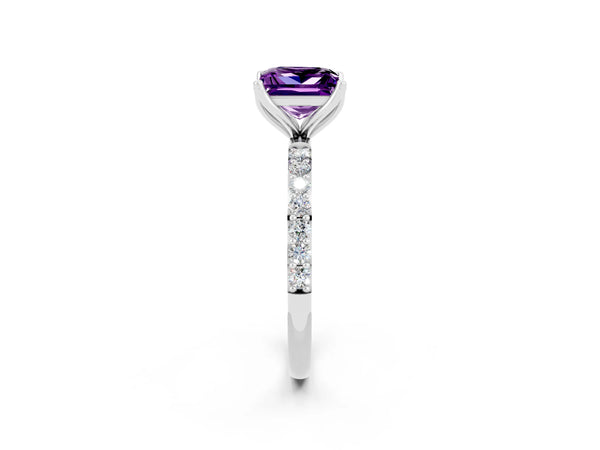 Platinum Princess Cut Amethyst Solitaire Engagement Ring with Round  Pavé Band and Prong Setting