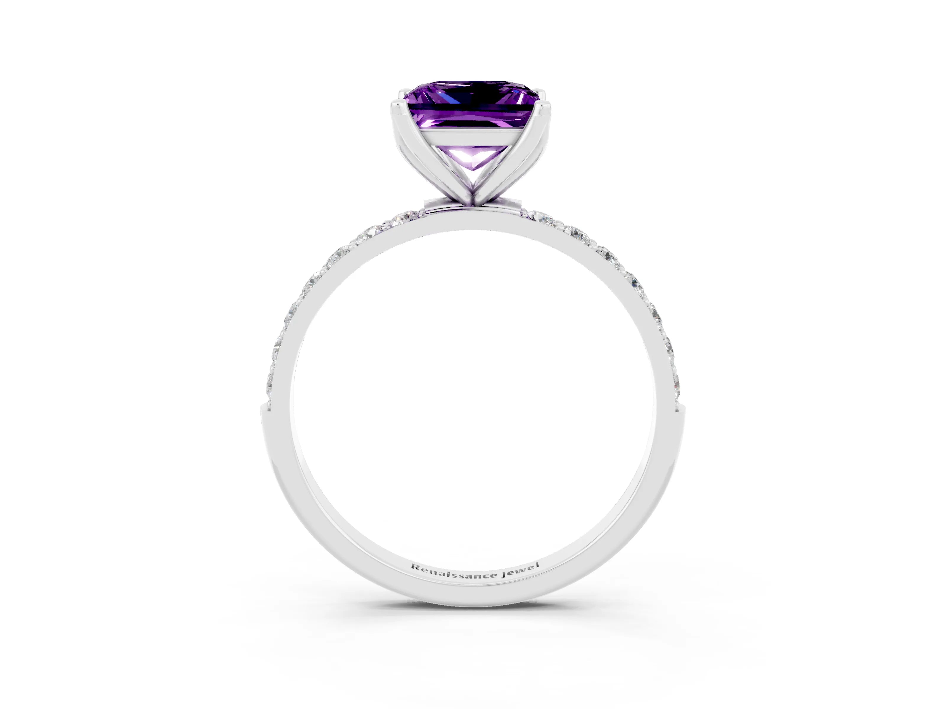 White gold Princess Cut Amethyst Solitaire Engagement Ring with Pavé Band and Prong Setting_3