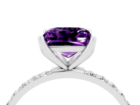White gold Princess Cut Amethyst Solitaire Engagement Ring with Pavé Band and Prong Setting_4