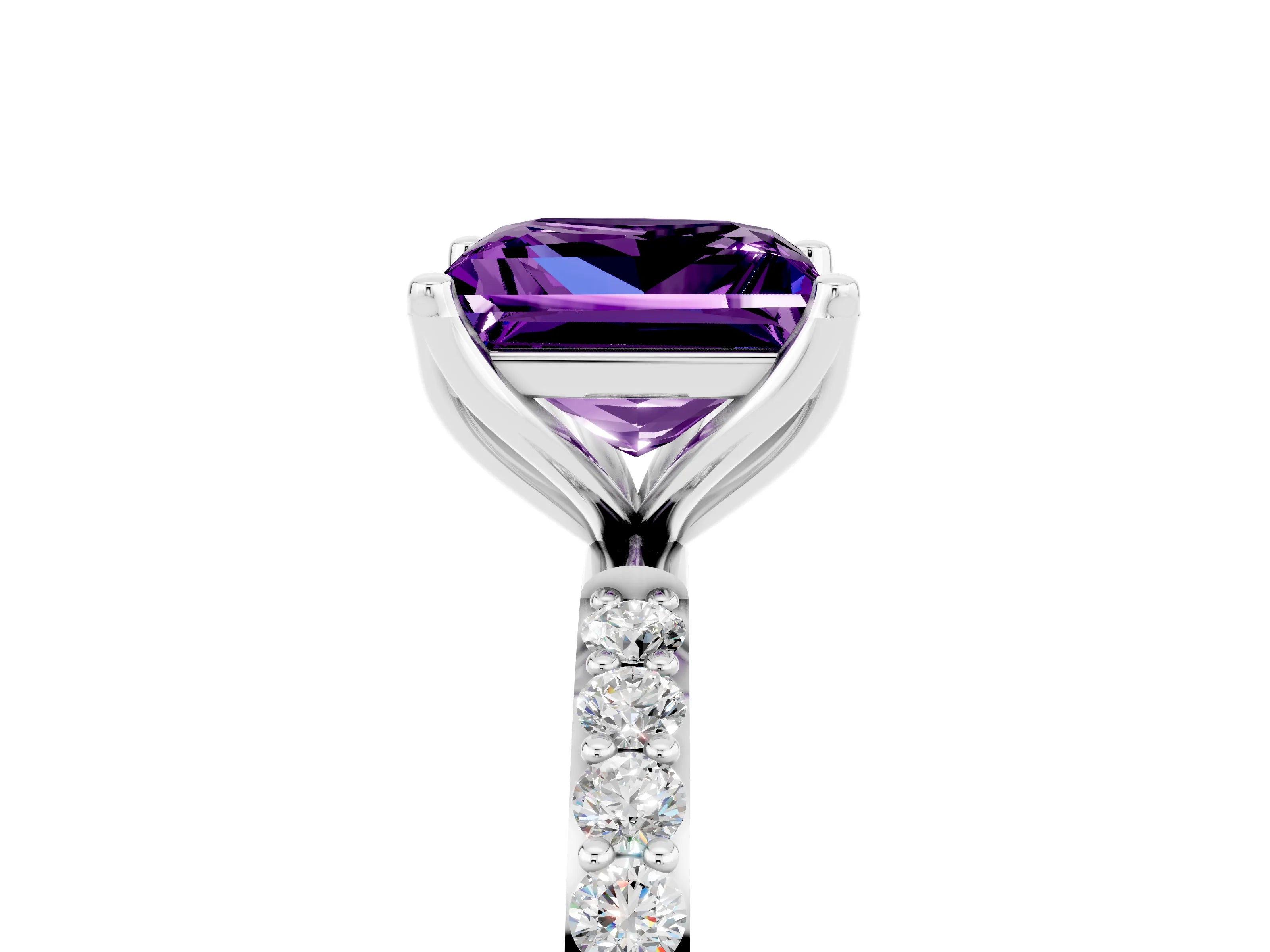White gold Princess Cut Amethyst Solitaire Engagement Ring with Pavé Band and Prong Setting_5
