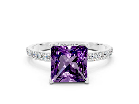 White gold Princess Cut Amethyst Solitaire Engagement Ring with Pavé Band and Prong Setting