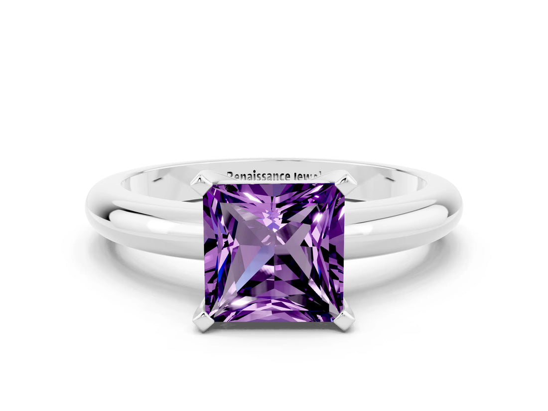 White gold Princess Cut Amethyst Solitaire Engagement Ring with Round Band and Four-Prong Setting