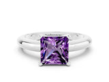 White gold Princess Cut Amethyst Solitaire Engagement Ring with Round Band and Four-Prong Setting