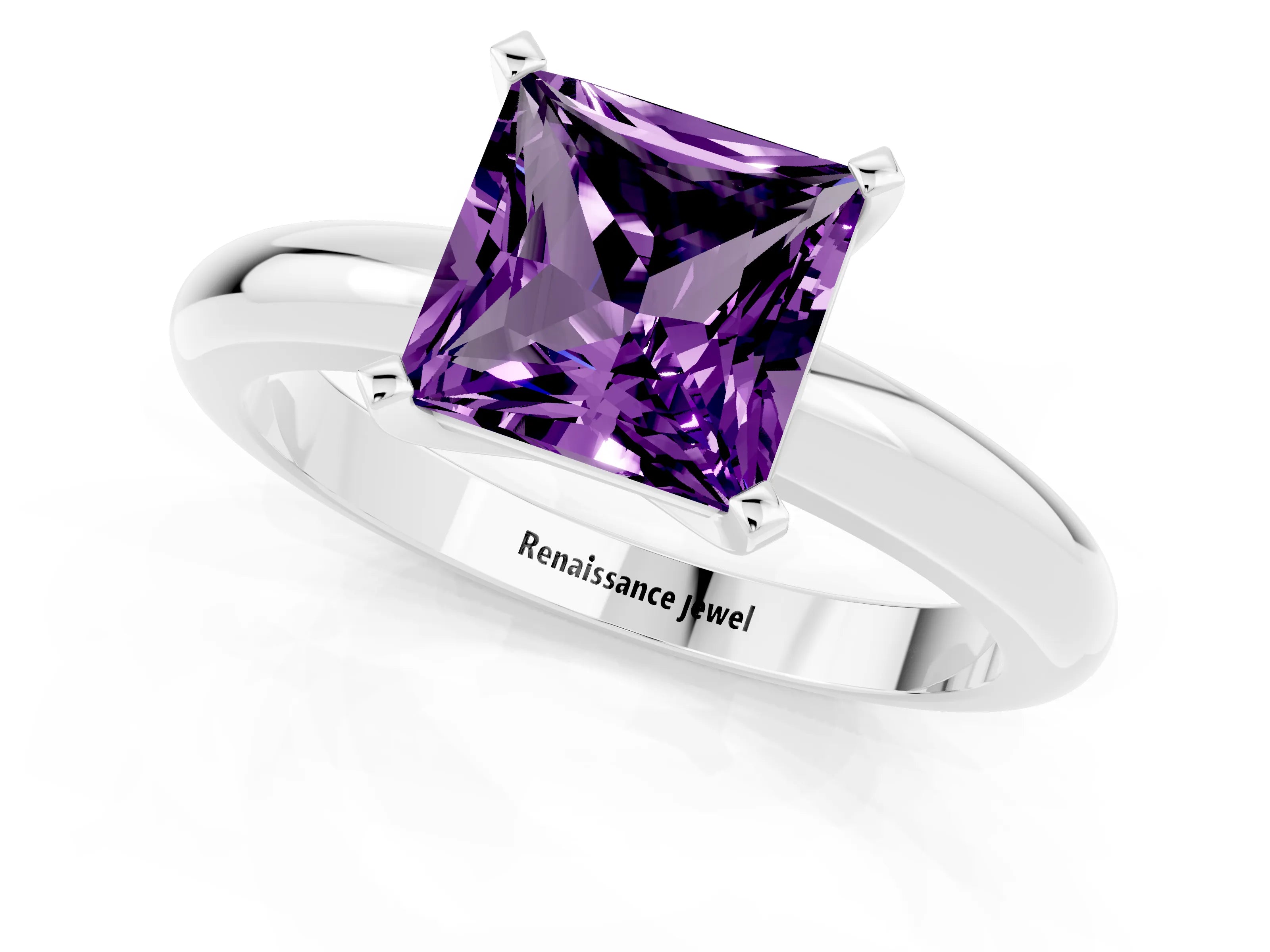 White gold Princess Cut Amethyst Solitaire Engagement Ring with Round Band and Four-Prong Setting_1