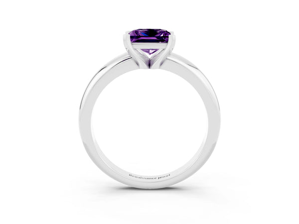 Platinum Princess Cut Amethyst Solitaire Engagement Ring with Round Band and Four-Prong Setting