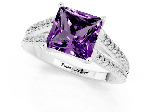 White gold Princess Cut Amethyst Solitaire Engagement Ring with Split Shank Pavé Band_1