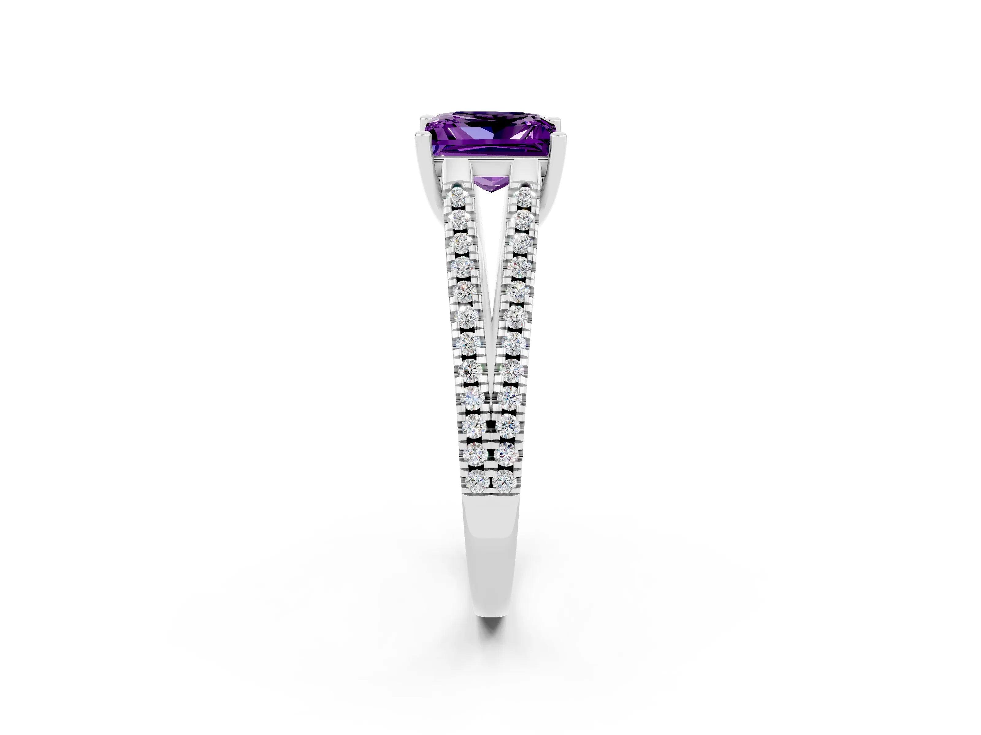 White gold Princess Cut Amethyst Solitaire Engagement Ring with Split Shank Pavé Band_2