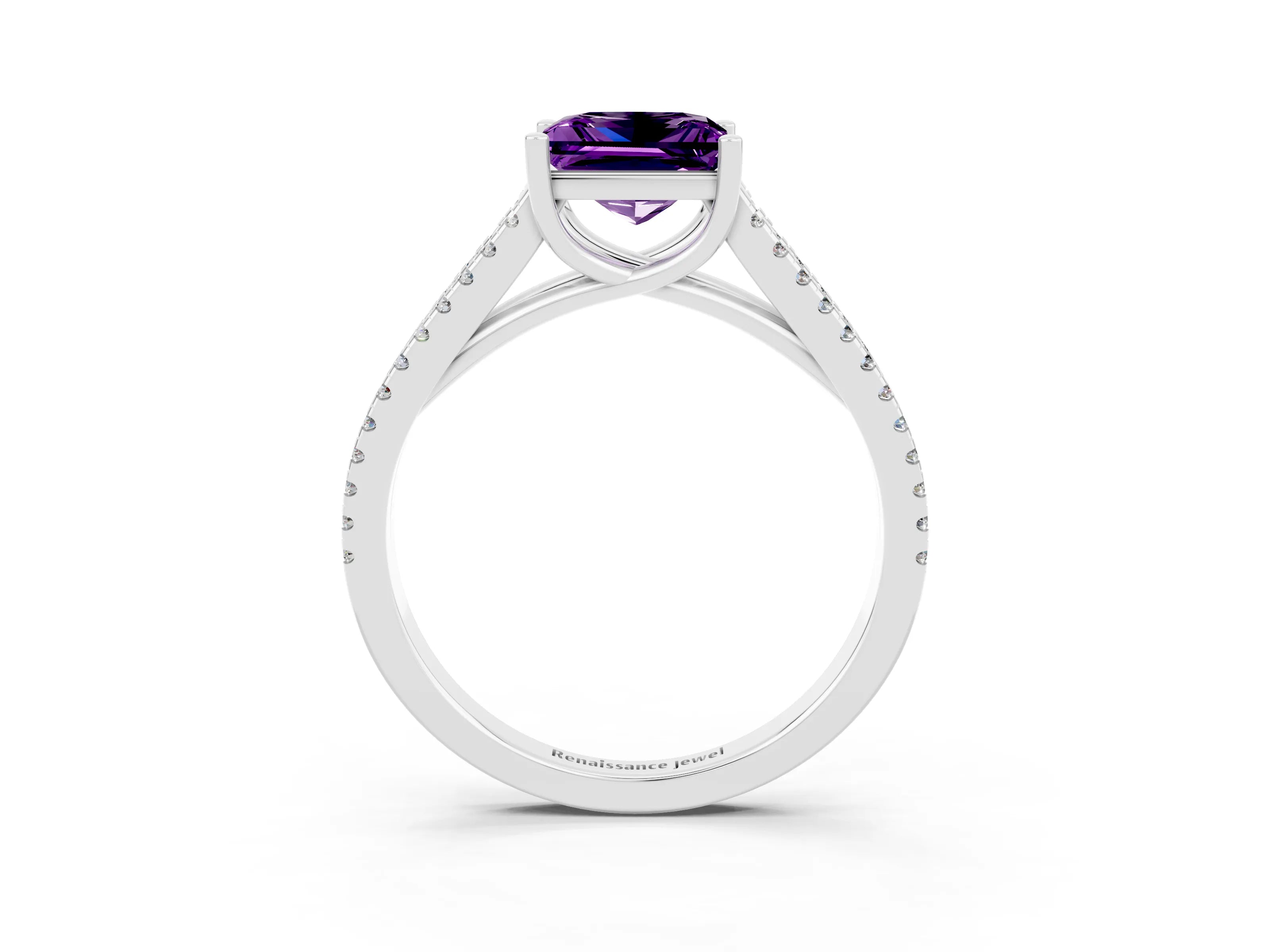 White gold Princess Cut Amethyst Solitaire Engagement Ring with Split Shank Pavé Band_3