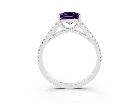White gold Princess Cut Amethyst Solitaire Engagement Ring with Split Shank Pavé Band_3
