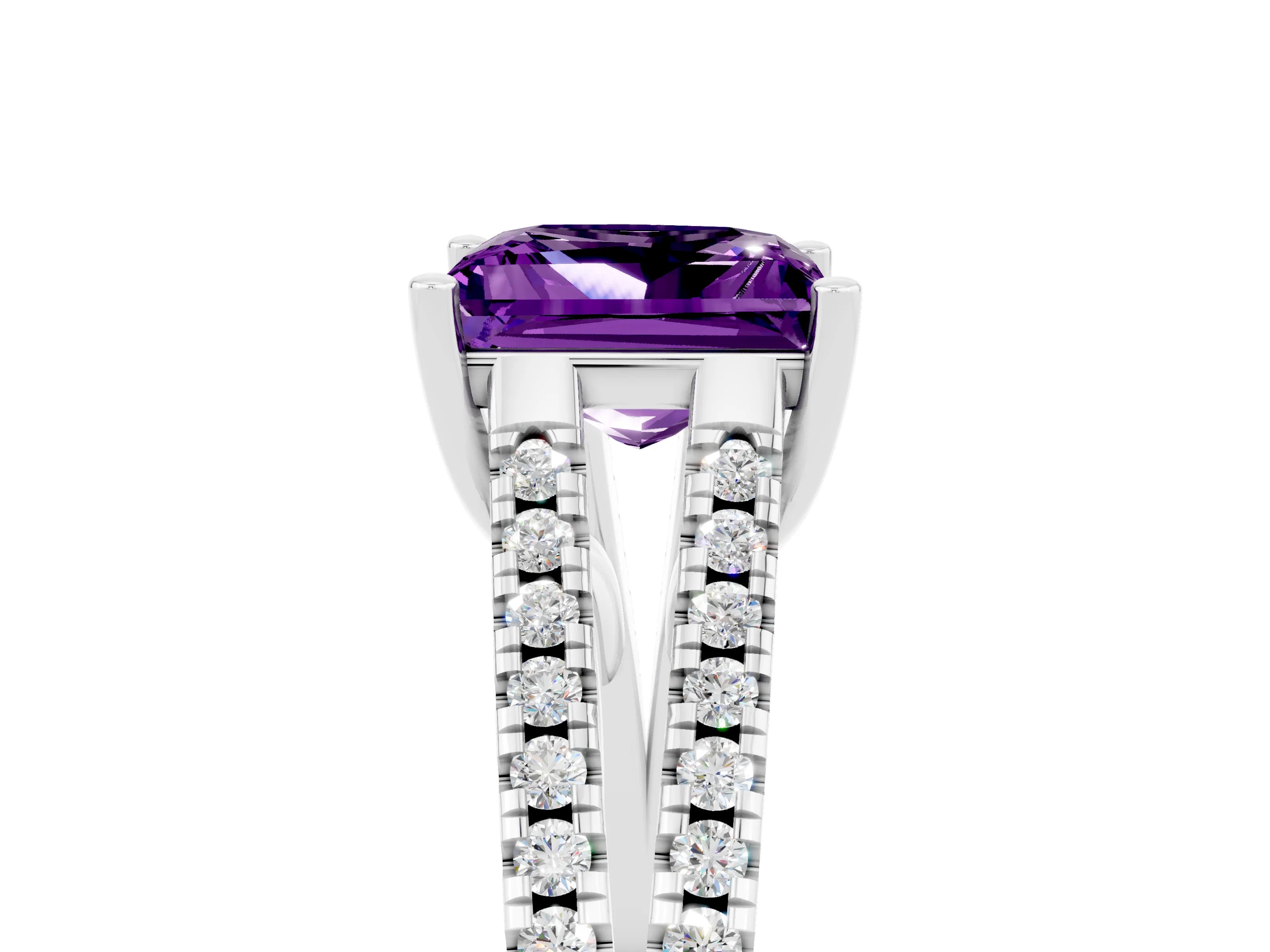 White gold Princess Cut Amethyst Solitaire Engagement Ring with Split Shank Pavé Band_5