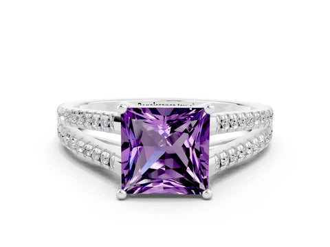White gold Princess Cut Amethyst Solitaire Engagement Ring with Split Shank Pavé Band